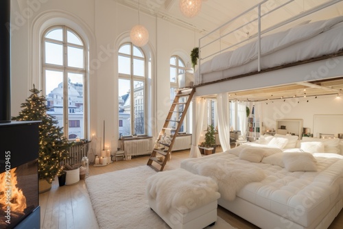Scandinavian studio apartment with stylish design, light pastel colors, and spacious living area