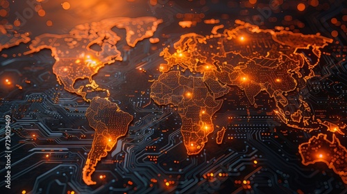 A glowing, orange digital world map overlays a dark, intricate circuit board, symbolizing global connectivity and technology