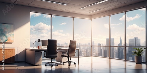 Modern office interior, panoramic windows, beautiful view outside the office