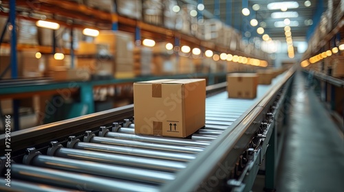 box packages seamlessly moving along a conveyor belt in a busy warehouse fulfillment center © Tn