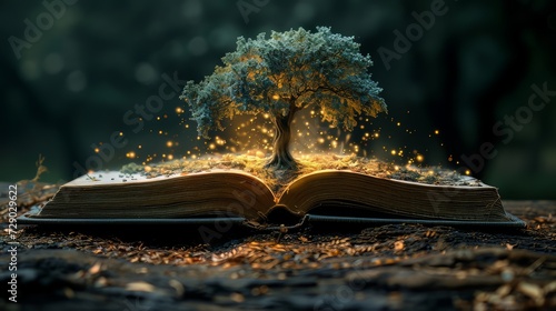 A tree grows out of a book with light shining like gaining knowledge on a black background. the concept of opening paper will allow you to see knowledge about the world, and learn independently