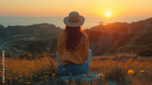 Young woman freelancer traveler working online using a laptop and enjoying the beautiful nature landscape with mountain view at sunrise