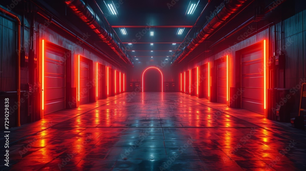 Futuristic studio stage dark room. Underground warehouse garage. Neon-led laser glowing orange on the concrete tiled floor
