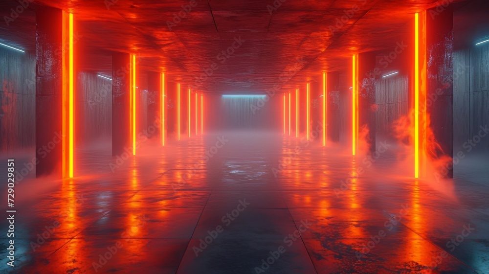 Obraz premium Futuristic studio stage dark room. Underground warehouse garage. Neon-led laser glowing orange on the concrete tiled floor