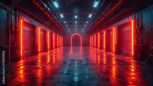 Futuristic studio stage dark room. Underground warehouse garage. Neon-led laser glowing orange on the concrete tiled floor