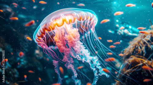A large alien jellyfish underwater, with glowing bio luminescent color. AI Generative