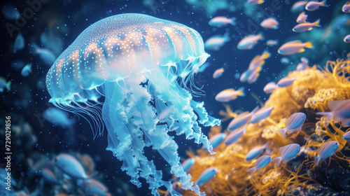 A large alien jellyfish underwater  with glowing bio luminescent color. AI Generative