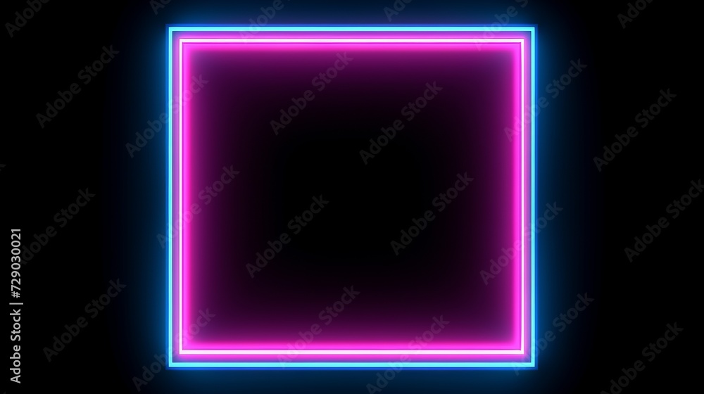 Close-up of a square frame with two-tone pink and blue neon lights on a black background. A mockup from the copy space, For photos and inscriptions. Close-up of a square frame with two-tone pink and blue neon lights on a black background. A mockup from the copy space, For photos and inscriptions.