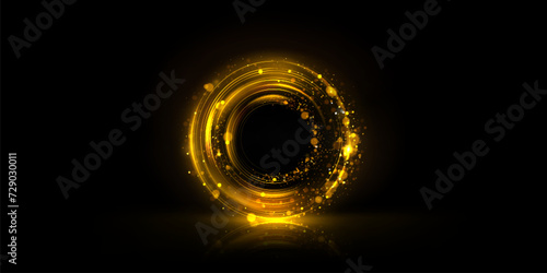 Circle frame with golden bokeh effect isolated on black background. Vector realistic illustration of round yellow border with shimmering particles and sparkles, reflection on floor, magic light effect