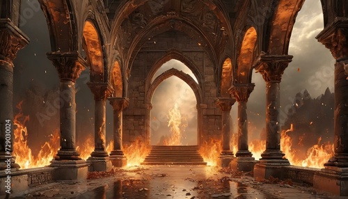 Ancient classic architecture stone arches with flames