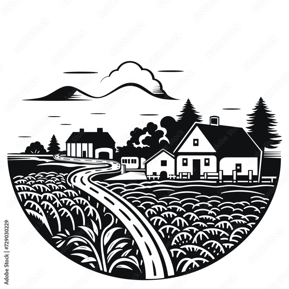 Black and White Farm Landscape in the Style of Vector Logo
