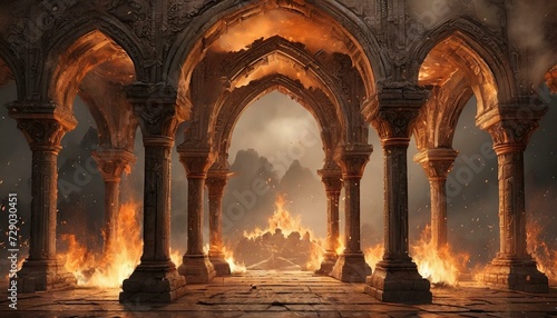 Ancient classic architecture stone arches with flames photo