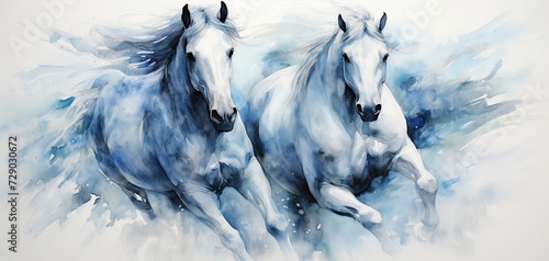 A white watercolor sketch of a pair of blue horses photo