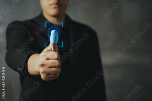 Touch screen, fingerprint scanner, biometric identity of a man hand in a blurred background .