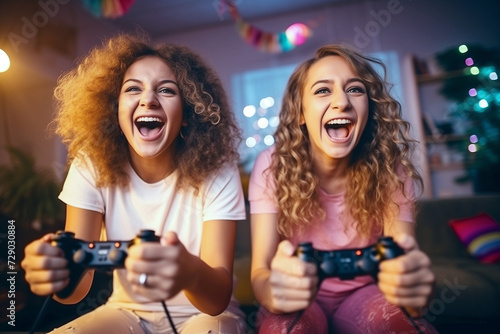 Happy friends playing video games with virtual reality glasses - Young people having fun with new console online - Happiness and gaming concept - Focus on man face. AI Generative