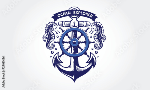 Ocean Explorer Vector Logo Template. This logo with ship anchor, and seahorse a great suitable for Diving club, sea and ocean exploration adventure nautical icon.