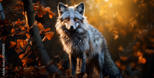 red fox in the forest, red fox in the woods, Produce an immersive image of a realistic silver