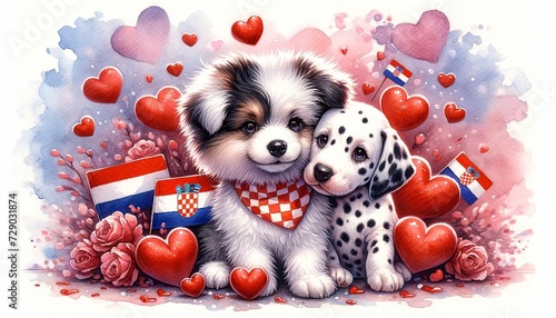 A heartwarming watercolor concept illustration for Valentine's Day, featuring a cute couple of puppies with a Croatian theme 01 photo