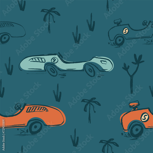 Car race funny cool summer t-shirt seamless pattern. Road trip vacation print design. Beach sports