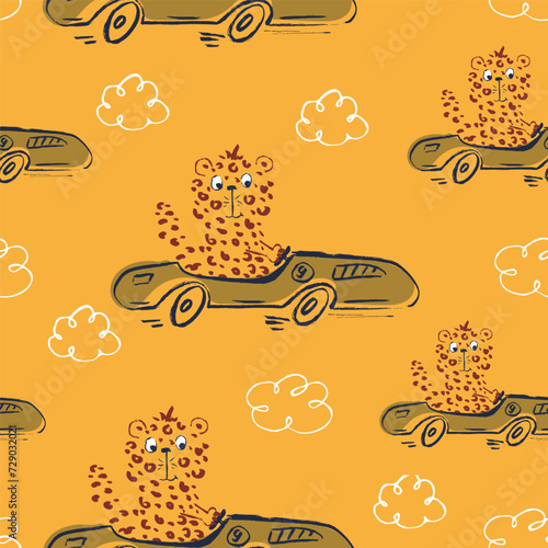 Cheetah car race funny cool summer t-shirt seamless pattern. Road trip vacation print design. Beach sports