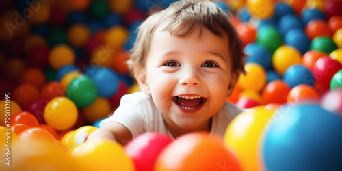 Happy child in ball pit, vibrant play area, joyful toddler fun, indoor playground, colorful plastic balls, kids entertainment. AI Generative