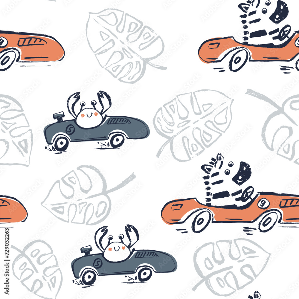 Zebra, crab car race funny cool summer t-shirt seamless pattern. Road trip vacation print design. Beach sports