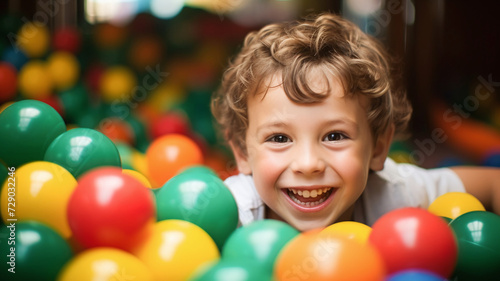 Joyful boy in vibrant ball pit, ideal for children's play areas, indoor entertainment, and creative kid's room designs. AI Generative