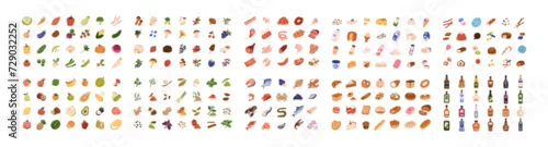 Obraz Groceries icons set. Food products bundle. Vegetables, fruits, meat, fish, bakery, sweet confectionery, dairy, spirits, alcohol. Flat graphic vector illustrations isolated on white background