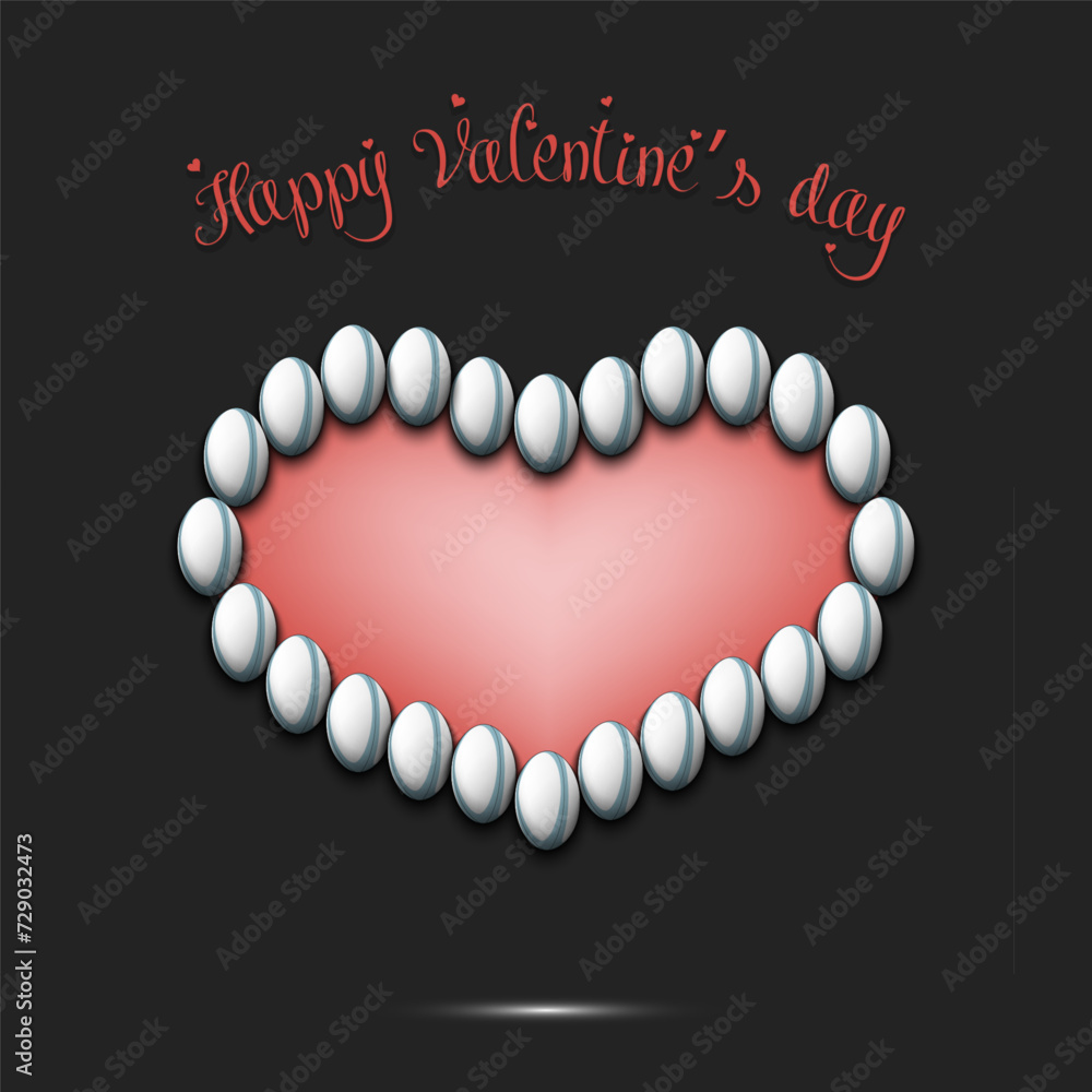 Obraz premium Happy Valentines Day. Heart made of rugby balls