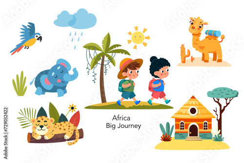 Fototapeta Naklejka Na Ścianę i Meble -  Cute stylised flat children with backpacks travelling through jungle. Cartoon funny animals, characters, exotic plants. Vector illustration.