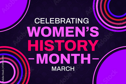 Celebrating Women's History Month colorful wallpaper with typography and shapes on the sides. Womens Month concept background