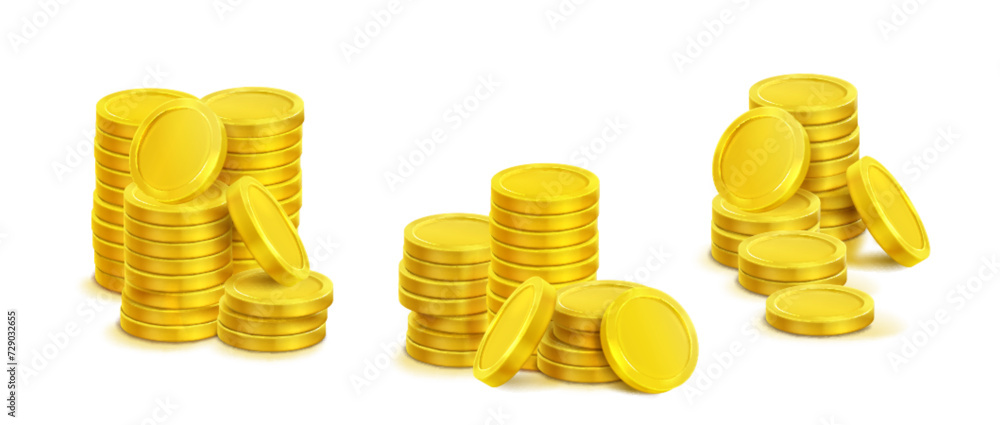3D piles of golden coins isolated on white background. Vector realistic illustration of casino stack money, interest rate icon, bank deposit, income tax, savings in cash, cryptocurrency tokens