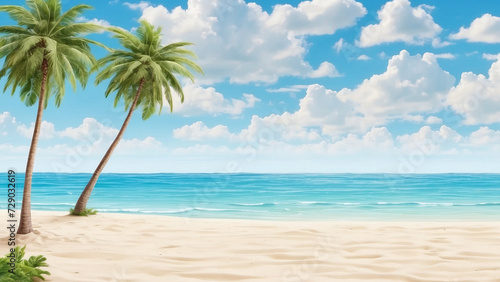 Beach background with white sand and blue sky, with coconut trees on the right and left. Background for summer. summer design elements. © AstamaAw