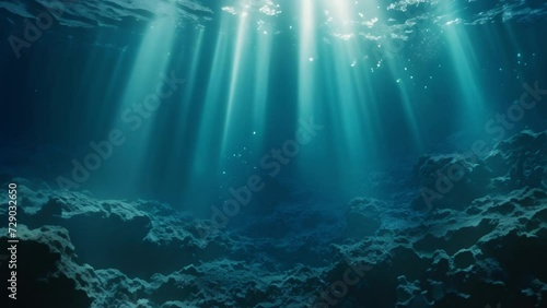 calm underwater scene with rays of light penetrating deep blue water photo