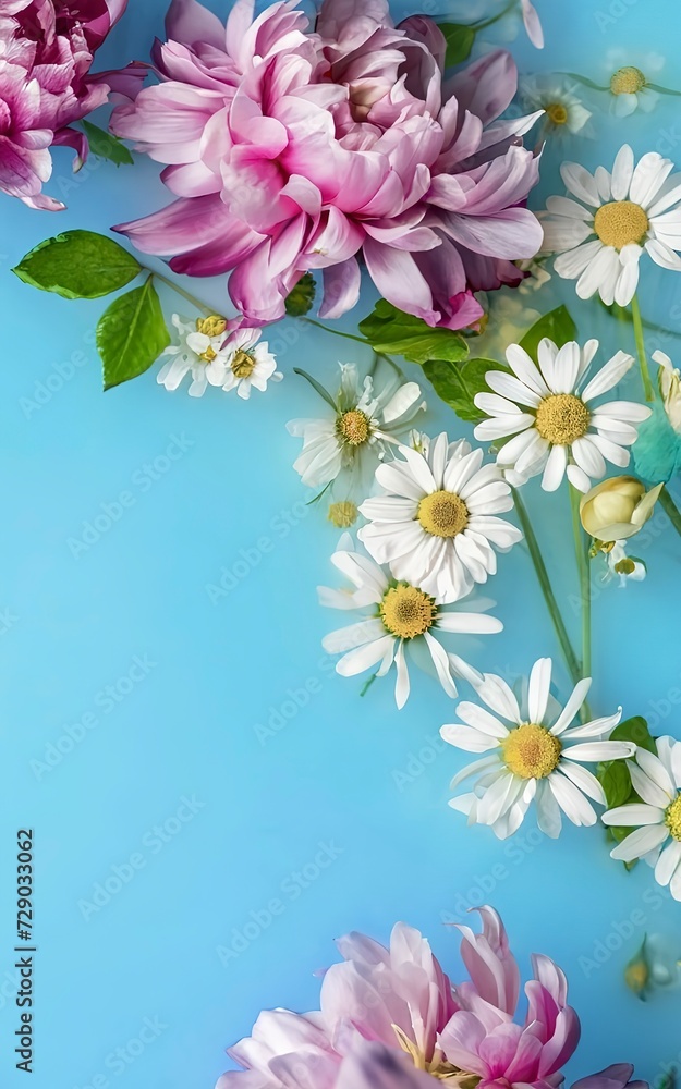 Chamomile flowers and peonies floating on the water on a blue background