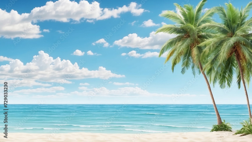 Beach background with white sand and blue sky, with coconut trees on the right and left. Background for summer. summer design elements. Beach background with white sand and blue sky, with coconut trees on the right and left. Background for summer. summer design elements.