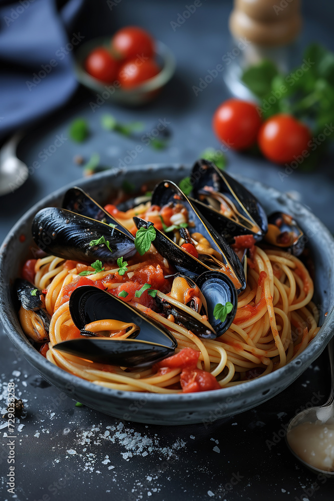 A mouth-watering italian cuisine, bowl of perfectly cooked spaghetti, plump mussels, and rich tomato sauce A mouth-watering italian cuisine, bowl of perfectly cooked spaghetti, plump mussels, and rich tomato sauce