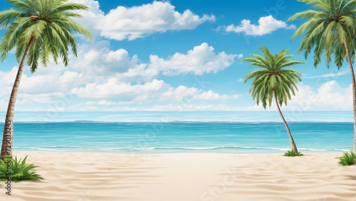Beach background with white sand and blue sky, with coconut trees on the right and left. Background for summer. summer design elements. © AstamaAw