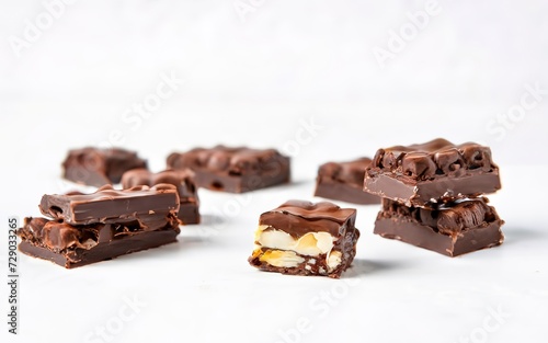 Chocolate candy bars wafers handmade lie on a white background