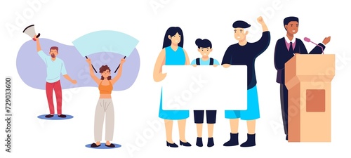 Group of diverse people standing and holding blank empty Banners or Placards. Advertising, protest, demonstration, revolution, meeting concept. Cartoon style characters. Hand drawn Vector illustration
