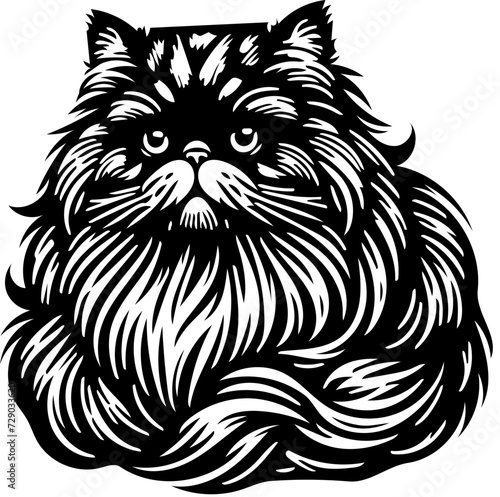 Black and white logo illustration of a Persian cat isolated on white background 
