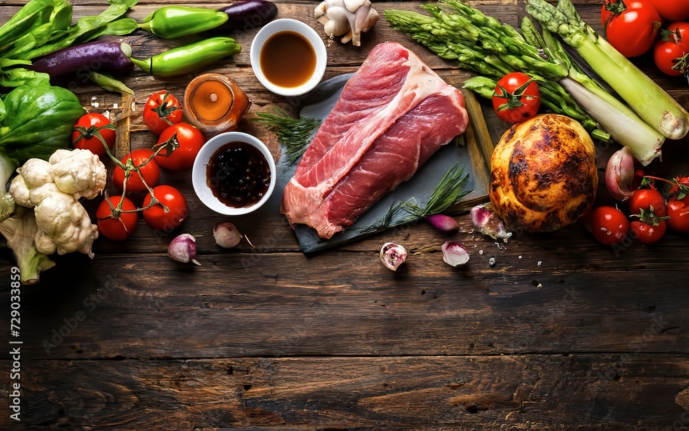 Culinary background with fresh vegetables and meat - obrazy, fototapety, plakaty 