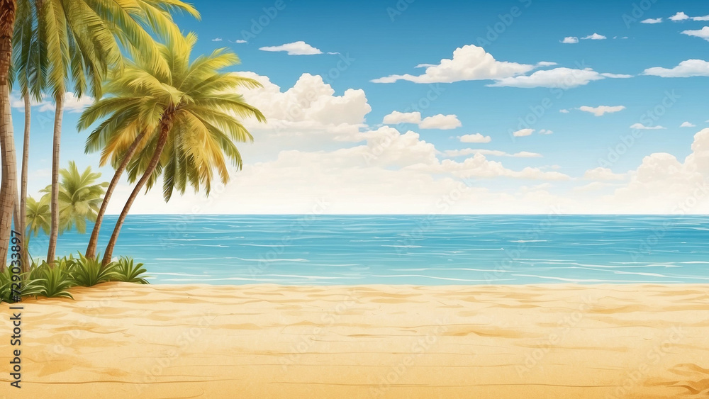 Beach background with white sand and blue sky, with coconut trees on the right and left. Background for summer. summer design elements.