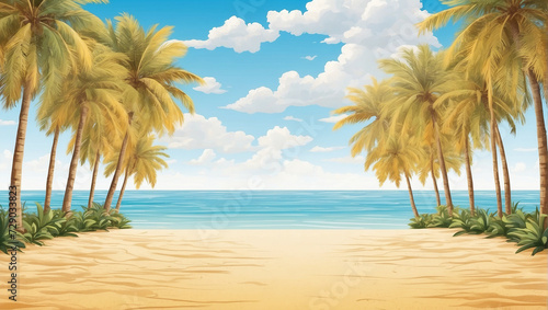 Beach background with white sand and blue sky  with coconut trees on the right and left. Background for summer. summer design elements.