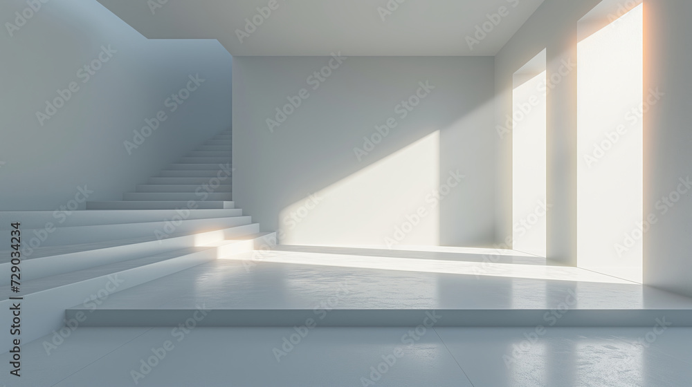 Obraz premium Abstract white room background with sun light at stairs in modern style for product presentation
