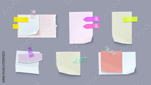 Set of paper notes isolated on background. Vector realistic illustration of blank notepad page pieces attached to board or wall with color sticky tape, reminder message, to-do list, schedule sheet