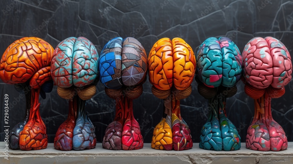 Colorful Brain Sculptures in a Row - obrazy, fototapety, plakaty 