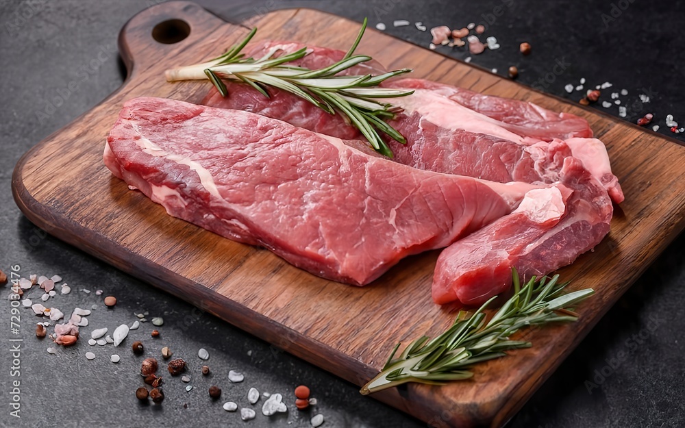 Raw beef on a wooden cutting board with rosemary. On a rustic dark background