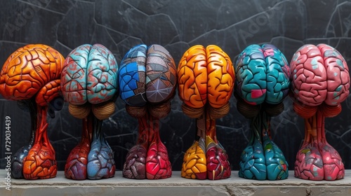 Colorful Brain Sculptures in a Row