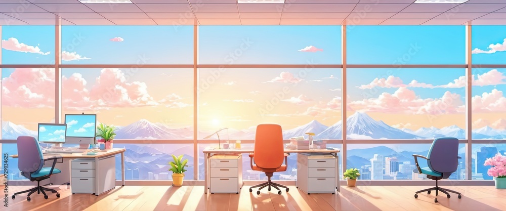 Illustration of office interior in anime style, peaceful landscape - obrazy, fototapety, plakaty 